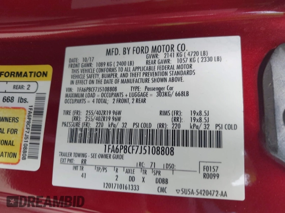 2018 Ford Mustang GT with VIN 1FA6P8CF7J5108808, listed as a IAAI auction lot 41934220 with 37,751 mi miles and . Bid and sale history available at DreamBid. Image 9.