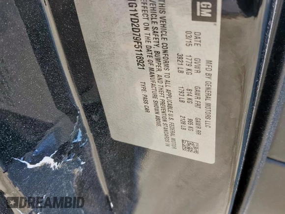 2015 Chevrolet Corvette 2LT with VIN 1G1YD2D79F5118921, listed as a Copart auction lot 56509735 with 31,227 mi miles and Salvage title. Bid and sale history available at DreamBid. Image 12.