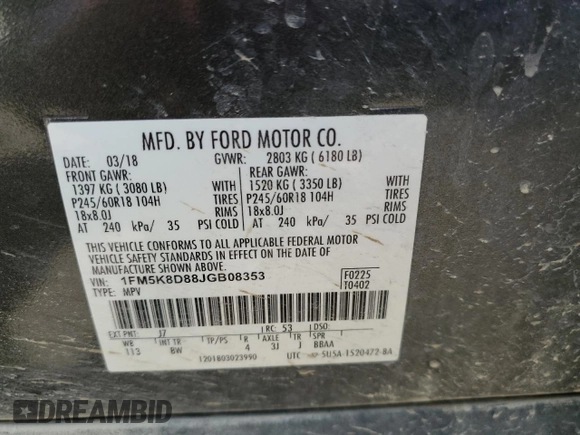 2018 Ford Explorer XLT z VIN 1FM5K8D88JGB08353, wystawiony jako Copart lot #56324765 z przebiegiem 140 716 mil mil oraz Szkoda całkowita • Salvage title. Historia ofert i sprzedaży dostępna na DreamBid. Obrazek 13.