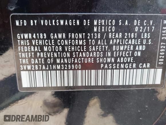 2017 Volkswagen Jetta S with VIN 3VW2B7AJ1HM329900, listed as a IAAI auction lot 42213125 with 124,556 mi miles and . Bid and sale history available at DreamBid. Image 9.