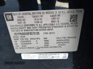 2015 Cadillac SRX with VIN 3GYFNAE30FS573125, listed as a IAAI auction lot 40972187 with 122,612 mi miles and . Bid and sale history available at DreamBid. Image 9.