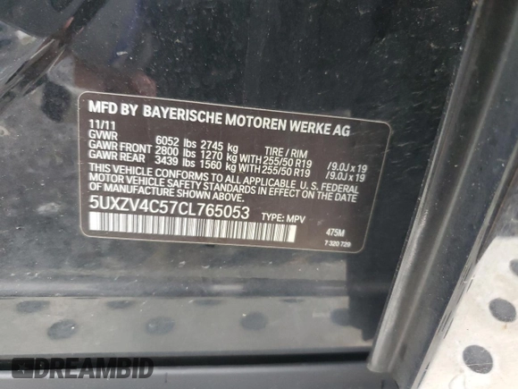 2012 BMW X5 35i with VIN 5UXZV4C57CL765053, listed as a Copart auction lot 59997275 with 157,943 mi miles and Salvage title. Bid and sale history available at DreamBid. Image 13.