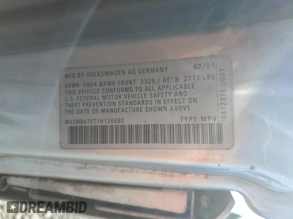 2001 Volkswagen EuroVan MV с VIN WV2MB47071H128880, выставлен на аукционе Copart как лот 48175195 с пробегом 182 488 миль миль и Чистый • Clean title. История ставок и продаж доступна на DreamBid. Изображение 13.