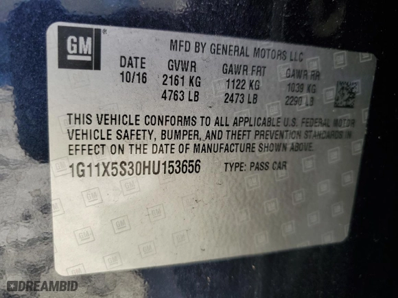 2017 Chevrolet Impala LS with VIN 1G11X5S30HU153656, listed as a Copart auction lot 83338374 with 0 mi miles and Salvage Title. Bid and sale history available at carsss.com. Image 14.