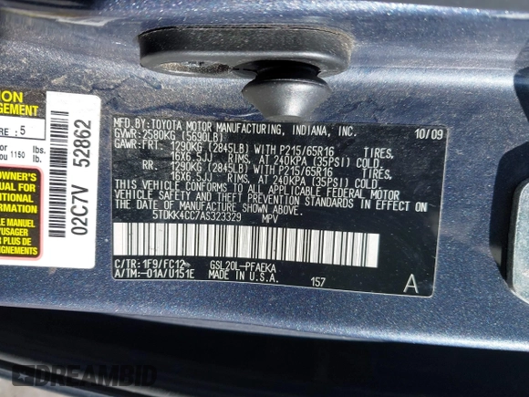 2010 Toyota Sienna CE с VIN 5TDKK4CC7AS323329, выставлен на аукционе IAAI как лот 42034932 с пробегом 525 766 миль миль и . История ставок и продаж доступна на DreamBid. Изображение 9.