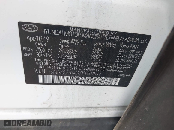 2019 Hyundai Santa Fe SE with VIN 5NMS23AD7KH111542, listed as a IAAI auction lot 42430502 with 78,755 mi miles and . Bid and sale history available at DreamBid. Image 9.