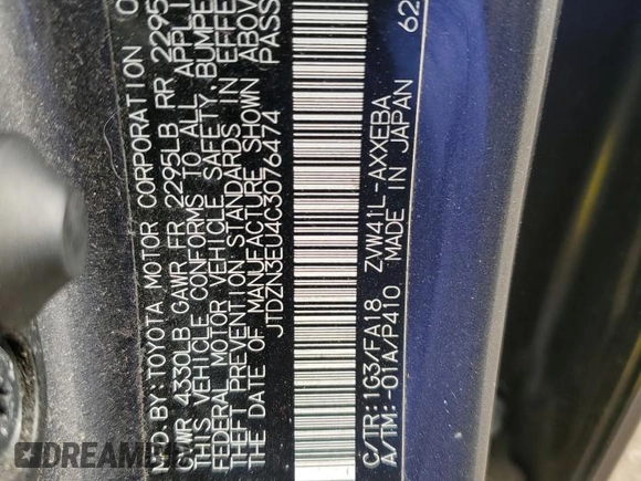 2012 Toyota Prius Two with VIN JTDZN3EU4C3076474, listed as a Copart auction lot 56713595 with 102,692 mi miles and Clean Title. Bid and sale history available at DreamBid. Image 12.