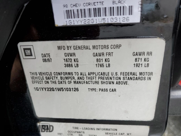 1998 Chevrolet Corvette z VIN 1G1YY22G1W5103126, wystawiony jako Copart lot #54371355 z przebiegiem 72 888 mil mil oraz Szkoda całkowita • Salvage title. Historia ofert i sprzedaży dostępna na DreamBid. Obrazek 12.