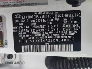 2013 Kia Sorento LX with VIN 5XYKT4A28DG348992, listed as a IAAI auction lot 42200903 with 150,730 mi miles and . Bid and sale history available at DreamBid. Image 9.