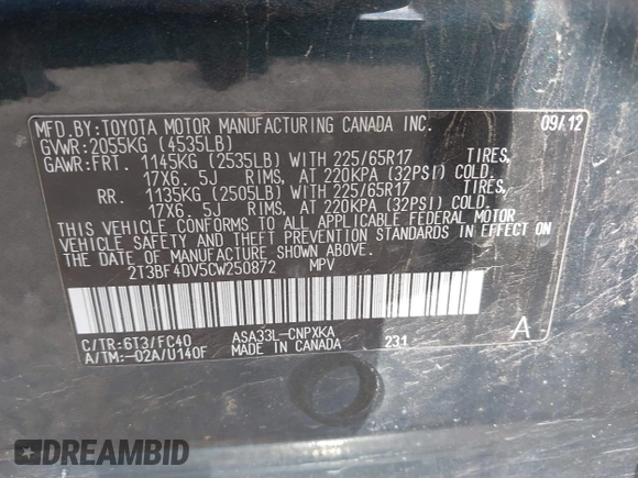 2012 Toyota RAV4 с VIN 2T3BF4DV5CW250872, выставлен на аукционе IAAI как лот 42391792 с пробегом 236 597 миль миль и . История ставок и продаж доступна на DreamBid. Изображение 9.