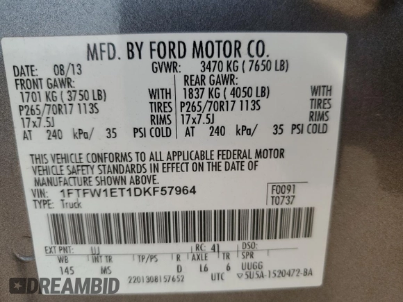 2013 Ford F-150 XL with VIN 1FTFW1ET1DKF57964, listed as a Copart auction lot 58801885 with 176,584 mi miles and Salvage title. Bid and sale history available at DreamBid. Image 12.