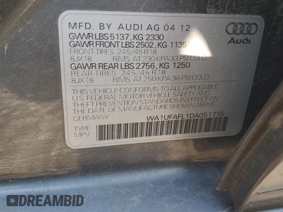 2013 Audi allroad Premium Plus with VIN WA1UFAFL1DA051735, listed as a Copart auction lot 71342134 with 0 mi miles and Salvage Title. Bid and sale history available at carsss.com. Image 14.