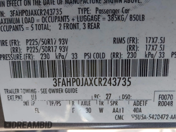 2012 Ford Fusion SEL with VIN 3FAHP0JAXCR243735, listed as a IAAI auction lot 42023783 with 235,434 mi miles. Bid and sale history available at carsss.com. Image 9.