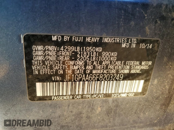 2015 Subaru Impreza 2.0i z VIN JF1GPAA66F8203249, wystawiony jako Copart lot #49758915 z przebiegiem 10 309 mil mil oraz Nie do naprawy • Non repairable. Historia ofert i sprzedaży dostępna na DreamBid. Obrazek 12.