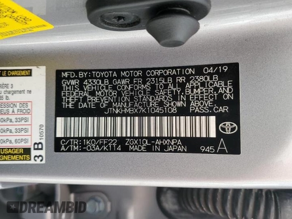 2019 Toyota C-HR XLE with VIN JTNKHMBX7K1045108, listed as a Copart auction lot 44070005 with 60,480 mi miles and Salvage Title. Bid and sale history available at DreamBid. Image 16.