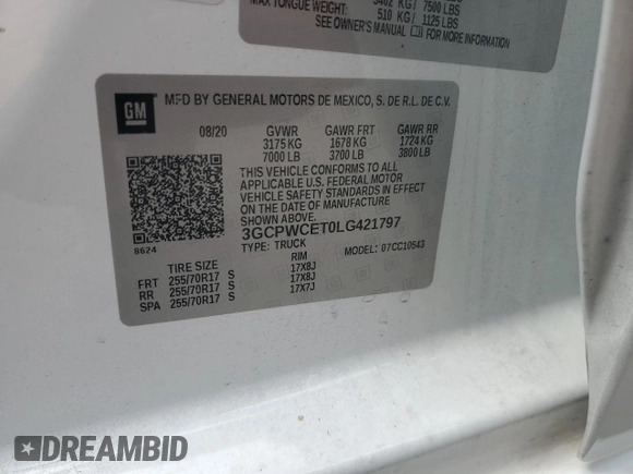 2020 Chevrolet Silverado 1500 LT with VIN 3GCPWCET0LG421797, listed as a Copart auction lot 69507264 with 72,047 mi miles and Non Repairable. Bid and sale history available at DreamBid. Image 12.