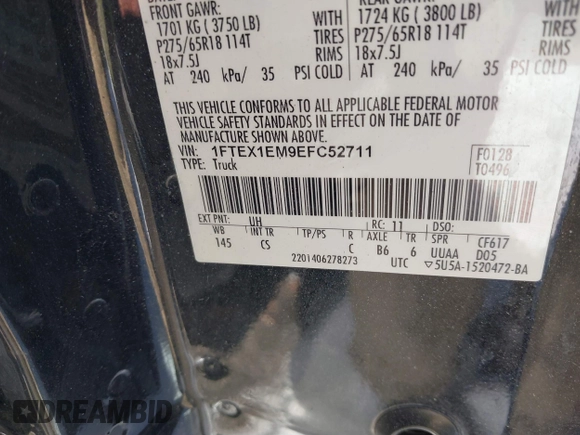 2014 Ford F-150 XL с VIN 1FTEX1EM9EFC52711, выставлен на аукционе IAAI как лот 41474644 с пробегом 114 045 миль миль и . История ставок и продаж доступна на DreamBid. Изображение 9.