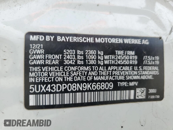 2022 BMW X3 sDrive30i with VIN 5UX43DP08N9K66809, listed as a Copart auction lot 55419525 with Not Provided miles and Salvage Title. Bid and sale history available at DreamBid. Image 13.