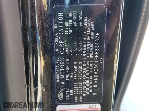 2017 Kia Sedona SX-L with VIN KNDME5C17H6334376, listed as a Copart auction lot 50873095 with 152,544 mi miles and Salvage Title. Bid and sale history available at carsss.com. Image 13.