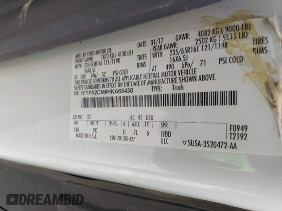 2017 Ford Transit с VIN 1FTYR2CM8HKA65438, выставлен на аукционе IAAI как лот 42249622 с пробегом 77 527 миль миль и . История ставок и продаж доступна на DreamBid. Изображение 9.