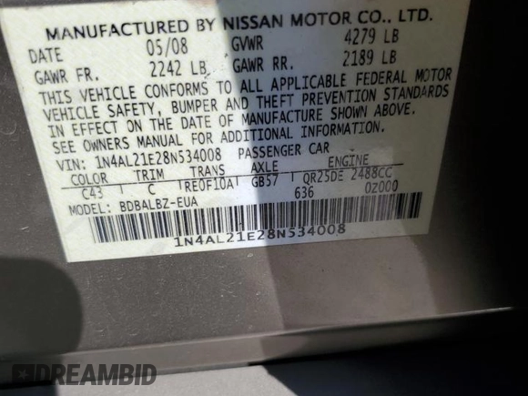 2008 Nissan Altima 2.5 SL with VIN 1N4AL21E28N534008, listed as a Copart auction lot 52498015 with 170,698 mi miles and Salvage Title. Bid and sale history available at carsss.com. Image 14.