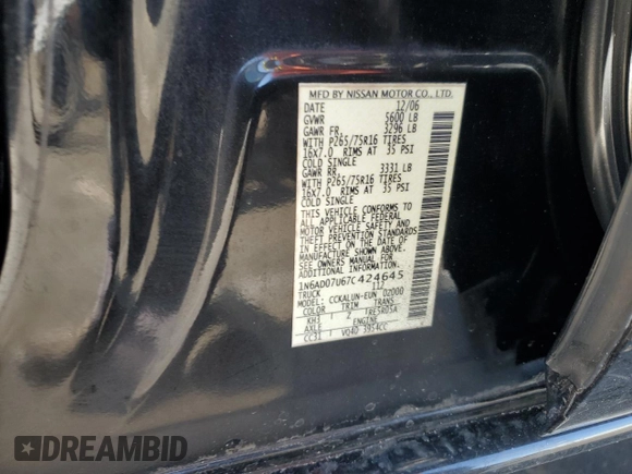 2007 Nissan Frontier SE with VIN 1N6AD07U67C424645, listed as a Copart auction lot 56223605 with 113,844 mi miles and Salvage title. Bid and sale history available at DreamBid. Image 12.