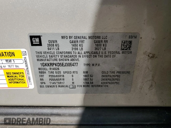 2014 GMC Acadia SLE with VIN 1GKKRPKD5EJ306477, listed as a Copart auction lot 53550825 with 89,987 mi miles and Salvage title. Bid and sale history available at DreamBid. Image 13.