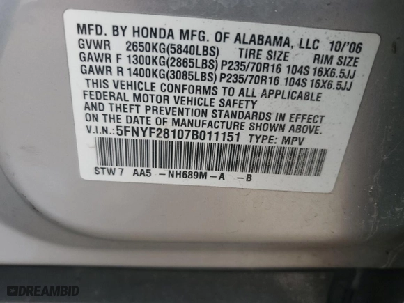 2007 Honda Pilot LX with VIN 5FNYF28107B011151, listed as a Copart auction lot 48773735 with 151,170 mi miles and Salvage Title. Bid and sale history available at carsss.com. Image 15.