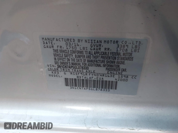 2016 Nissan Versa SV with VIN 3N1CN7AP5GL878333, listed as a IAAI auction lot 41437944 with 29,295 mi miles and . Bid and sale history available at DreamBid. Image 9.