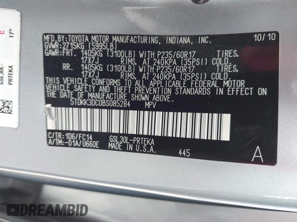 2011 Toyota Sienna LE AAS with VIN 5TDKK3DC0BS085284, listed as a IAAI auction lot 41885049 with 146,799 mi miles and . Bid and sale history available at DreamBid. Image 9.