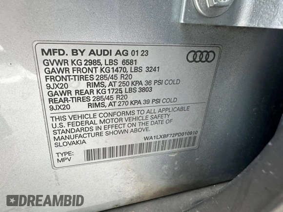 2023 Audi Q7 Premium Plus with VIN WA1LXBF72PD010910, listed as a Copart auction lot 89290885 with 51,175 mi miles and Clean Title. Bid and sale history available at carsss.com. Image 10.