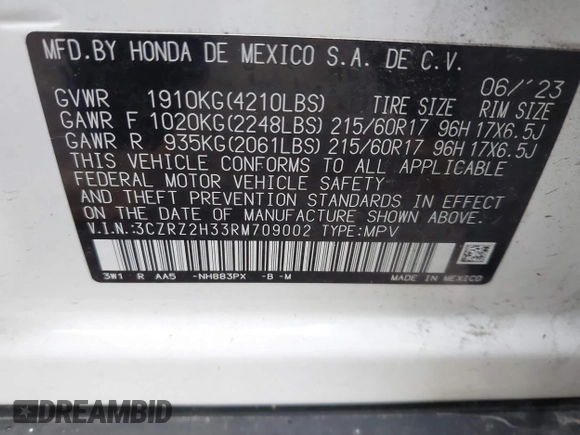 2024 Honda HR-V LX with VIN 3CZRZ2H33RM709002, listed as a IAAI auction lot 42319822 with 17,823 mi miles and . Bid and sale history available at DreamBid. Image 9.