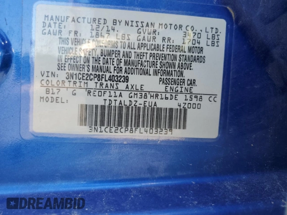 2015 Nissan Note S with VIN 3N1CE2CP8FL403239, listed as a Copart auction lot 63317005 with 151,924 mi miles and Clean title. Bid and sale history available at DreamBid. Image 12.