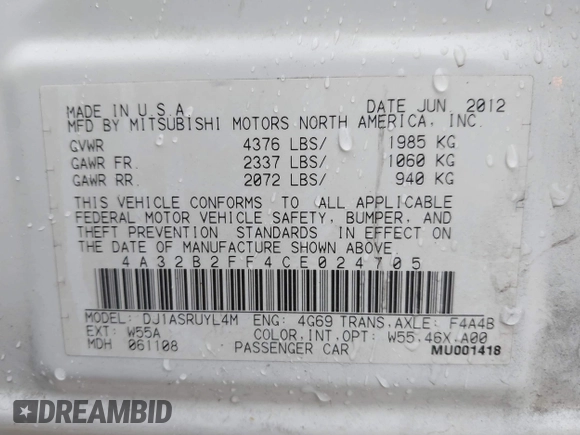 2012 Mitsubishi Galant FE with VIN 4A32B2FF4CE024705, listed as a IAAI auction lot 41960533 with 181,888 mi miles and . Bid and sale history available at DreamBid. Image 9.