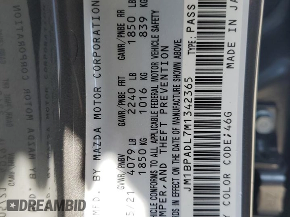 2021 Mazda 3 Premium with VIN JM1BPADL7M1342365, listed as a Copart auction lot 58619075 with 40,556 mi miles and Salvage title. Bid and sale history available at DreamBid. Image 12.