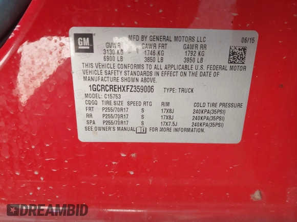 2015 Chevrolet Silverado 1500 LT with VIN 1GCRCREHXFZ359006, listed as a IAAI auction lot 41642589 with 120,890 mi miles. Bid and sale history available at carsss.com. Image 9.