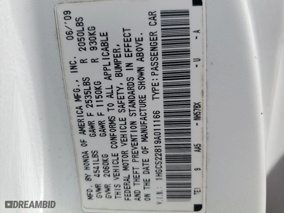 2009 Honda Accord Cpe EX-L with VIN 1HGCS22819A011166, listed as a Copart auction lot 50819395 with 206,537 mi miles and Salvage Title. Bid and sale history available at carsss.com. Image 12.