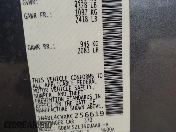 2019 Nissan Altima SR with VIN 1N4BL4CVXKC256619, listed as a Copart auction lot 46803955 with 121,557 mi miles and Non Repairable. Bid and sale history available at DreamBid. Image 12.