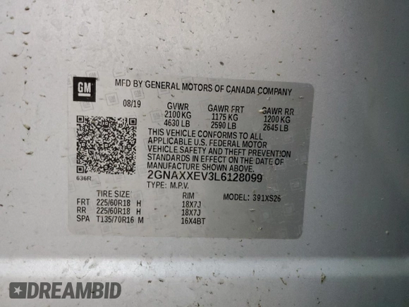 2020 Chevrolet Equinox Premier z VIN 2GNAXXEV3L6128099, wystawiony jako Copart lot #79041114 z przebiegiem 65 856 mil mil oraz Szkoda całkowita • Salvage title. Historia ofert i sprzedaży dostępna na DreamBid. Obrazek 14.