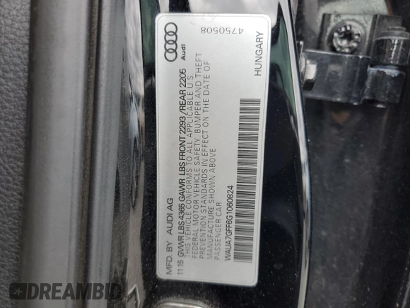 2016 Audi A3 1.8T Premium with VIN WAUA7GFF6G1060824, listed as a Copart auction lot 49980555 with 63,382 mi miles and Salvage Title. Bid and sale history available at carsss.com. Image 12.