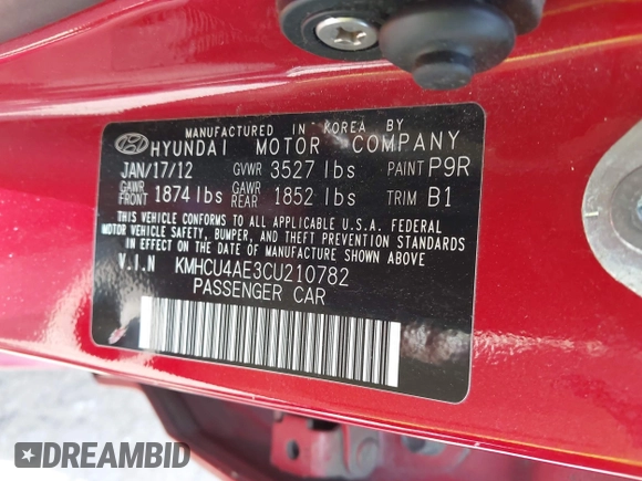2012 Hyundai Accent GLS with VIN KMHCU4AE3CU210782, listed as a IAAI auction lot 42159648 with 113,327 mi miles. Bid and sale history available at carsss.com. Image 9.