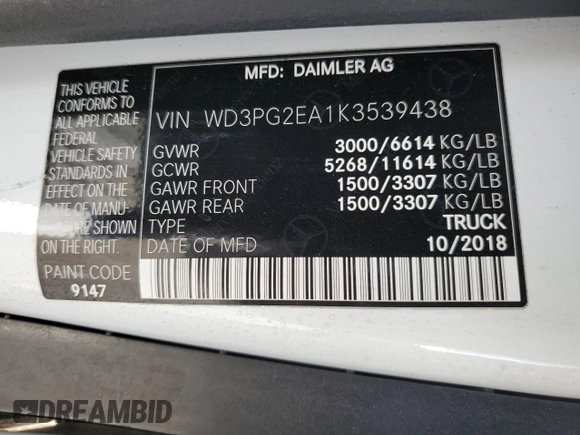 2019 Mercedes-Benz Metris Cargo z VIN WD3PG2EA1K3539438, wystawiony jako Copart lot #86513684 z przebiegiem 66 429 mil mil oraz Szkody całkowita. Historia ofert i sprzedaży dostępna na DreamBid. Obrazek 14.