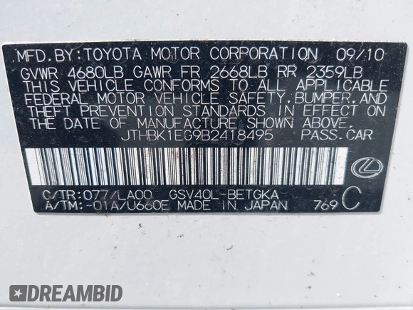 2011 Lexus ES 330 with VIN JTHBK1EG9B2418495, listed as a IAAI auction lot 40247075 with 14,891 mi miles and . Bid and sale history available at carsss.com. Image 9.