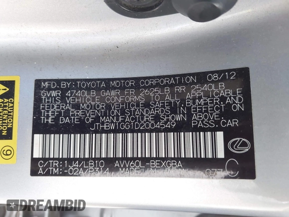 2013 Lexus ES 300h Hybrid with VIN JTHBW1GG1D2004549, listed as a IAAI auction lot 41660519 with 240,391 mi miles. Bid and sale history available at carsss.com. Image 9.