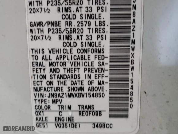 2011 Nissan Murano LE with VIN JN8AZ1MWXBW154850, listed as a Copart auction lot 89349325 with 167,447 mi miles and Salvage Title. Bid and sale history available at carsss.com. Image 14.