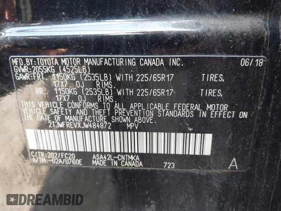 2018 Toyota RAV4 XLE with VIN 2T3WFREVXJW484872, listed as a IAAI auction lot 42144810 with Not provided miles and . Bid and sale history available at DreamBid. Image 9.