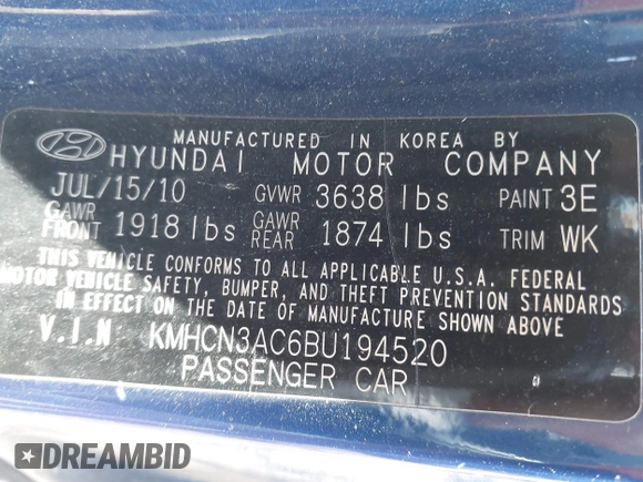 2011 Hyundai Accent SE with VIN KMHCN3AC6BU194520, listed as a IAAI auction lot 42664778 with 170,197 mi miles and . Bid and sale history available at DreamBid. Image 9.