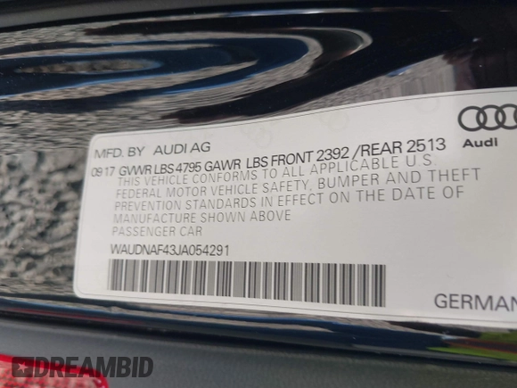 2018 Audi A4 Premium с VIN WAUDNAF43JA054291, выставлен на аукционе IAAI как лот 41745694 с пробегом 50 322 миль миль и . История ставок и продаж доступна на DreamBid. Изображение 9.