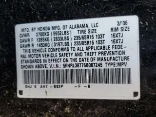 2006 Honda Odyssey EX-L with VIN 5FNRL38776B087245, listed as a Copart auction lot 53725265 with 0 mi miles and Salvage Title. Bid and sale history available at carsss.com. Image 15.
