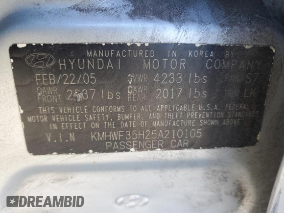 2005 Hyundai Sonata GLS with VIN KMHWF35H25A210105, listed as a Copart auction lot 47870105 with 143,002 mi miles and Salvage Title. Bid and sale history available at carsss.com. Image 12.
